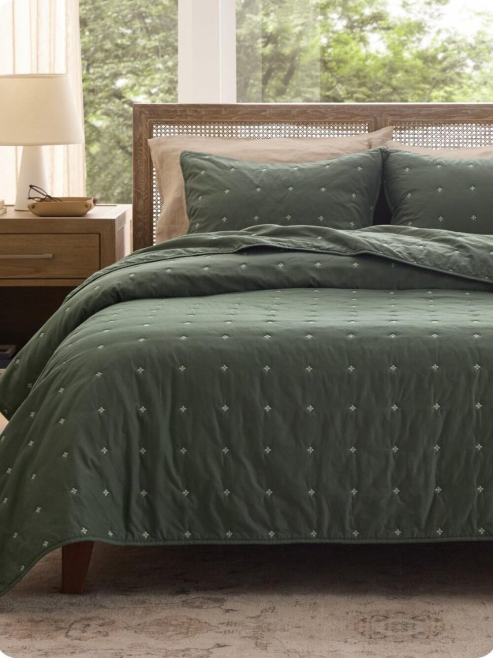 PureWoven 100% Cotton Quilt Set King Size, Embroidery, Olive Sage